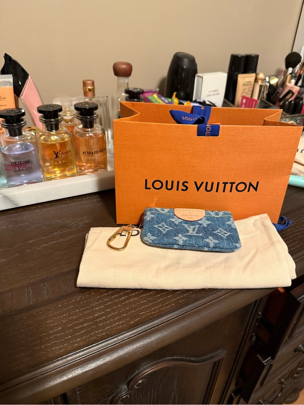 Louis Vuitton Blue Denim Monogram Key Pouch with Gold Chain